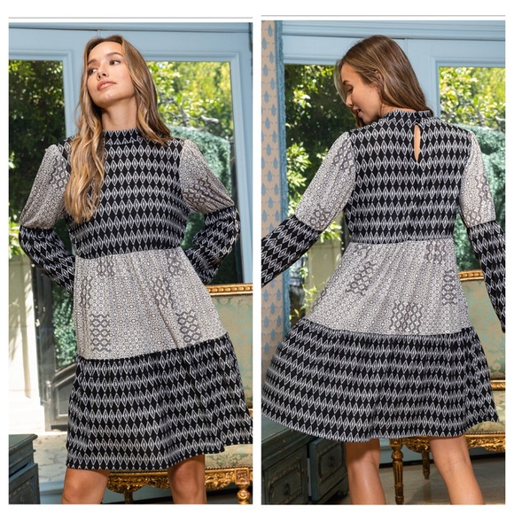 #27 Boho Contrast Tiered Mock Neck Mini Dress - Picture 5 of 5